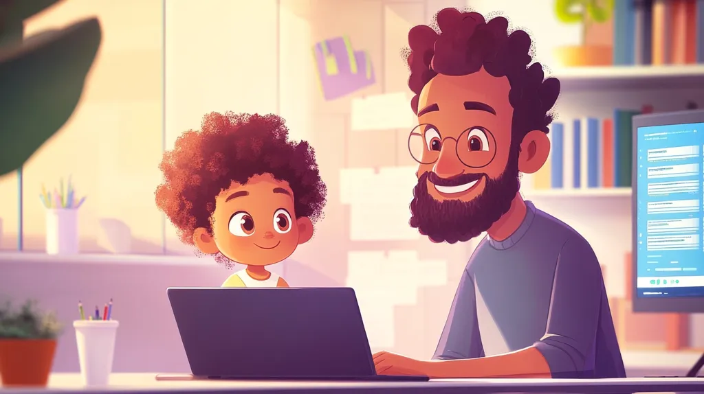A cheerful illustration depicts a father and son working together on a laptop. The father, with a beard and glasses, sits beside his son, who gazes intently at the screen.  The warm lighting suggests a home office setting. The artwork is digitally created, using a vibrant and expressive style.  The scene radiates warmth and familial connection.