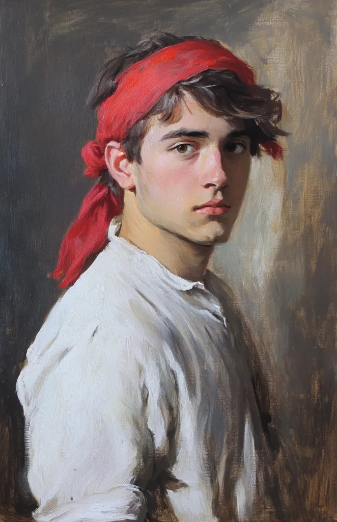 A young man, possibly a peasant, is depicted in a realistic oil painting. He wears a simple white shirt and a vibrant red bandana tied around his head. His gaze is directed slightly away from the viewer, creating a contemplative mood. The brushstrokes are visible, adding texture and depth to the portrait. The muted background emphasizes the subject, highlighting his youthful features and pensive expression. The overall style evokes classical portraiture, capturing a moment of quiet introspection.