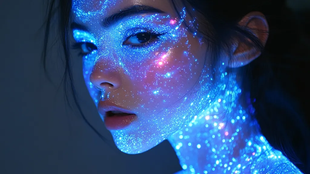 Close-up of a woman's face and upper body, illuminated by a blue light that resembles a constellation.  Tiny, glowing points of light cover her skin, creating a surreal and otherworldly effect. Her dark hair frames her face, and her expression is serious and slightly pensive. The overall image is striking and evocative of science fiction or fantasy.