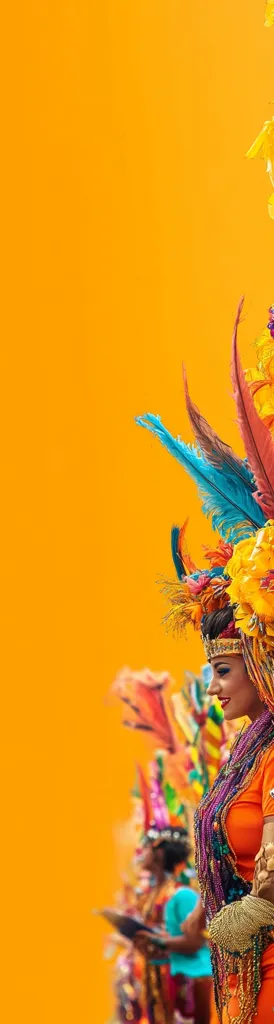 A vibrant carnival scene unfolds against a bold orange backdrop. A woman in the foreground, adorned in a dazzling headdress of colorful feathers and flowers, and a bright orange costume, stands out.  Behind her, a blurred line of similarly adorned dancers suggests a lively parade or celebration, their costumes echoing the bright hues of the main subject. The overall image is energetic and festive.