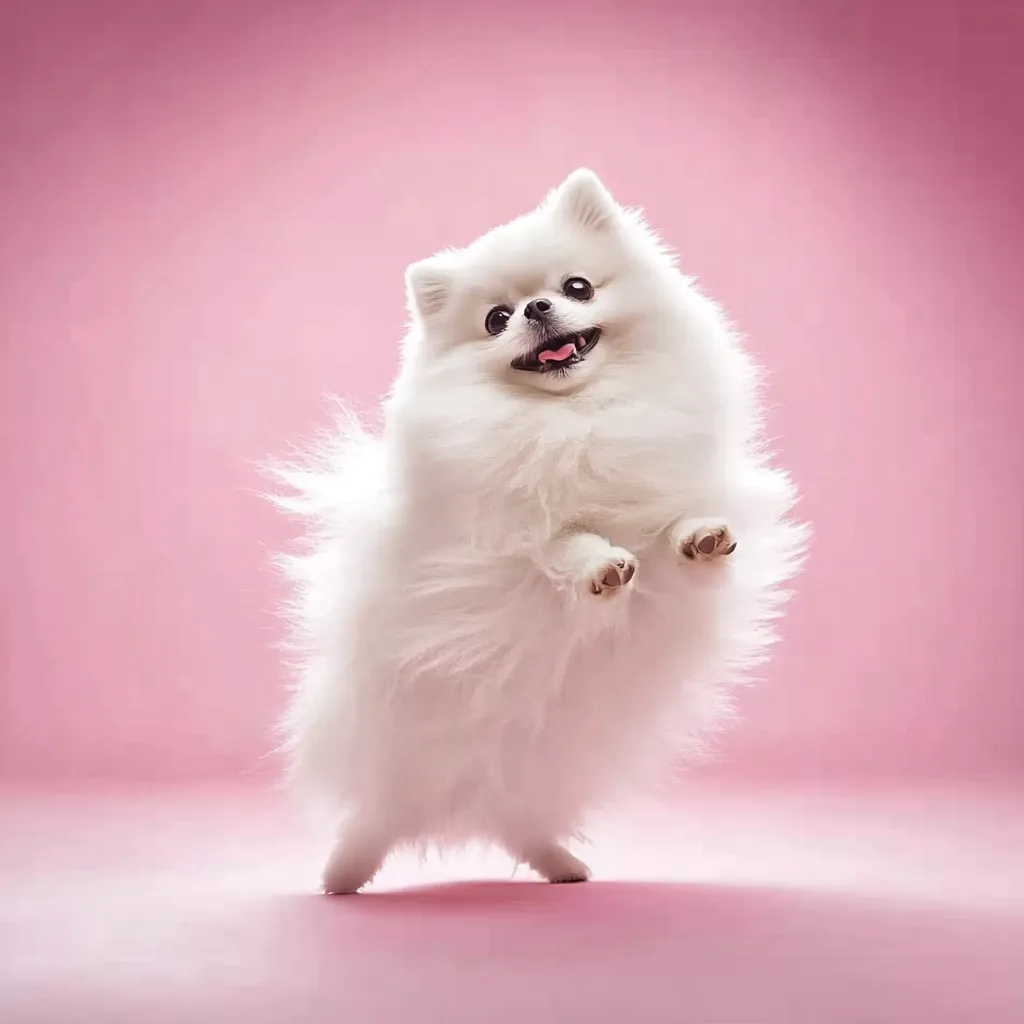 A fluffy white Pomeranian dog stands on its hind legs against a pink background.  Its tongue is slightly out, and it appears joyful and playful. The dog's fur is thick and voluminous, giving it a cloud-like appearance. The overall image is bright, cheerful, and captures the dog's expressive nature.