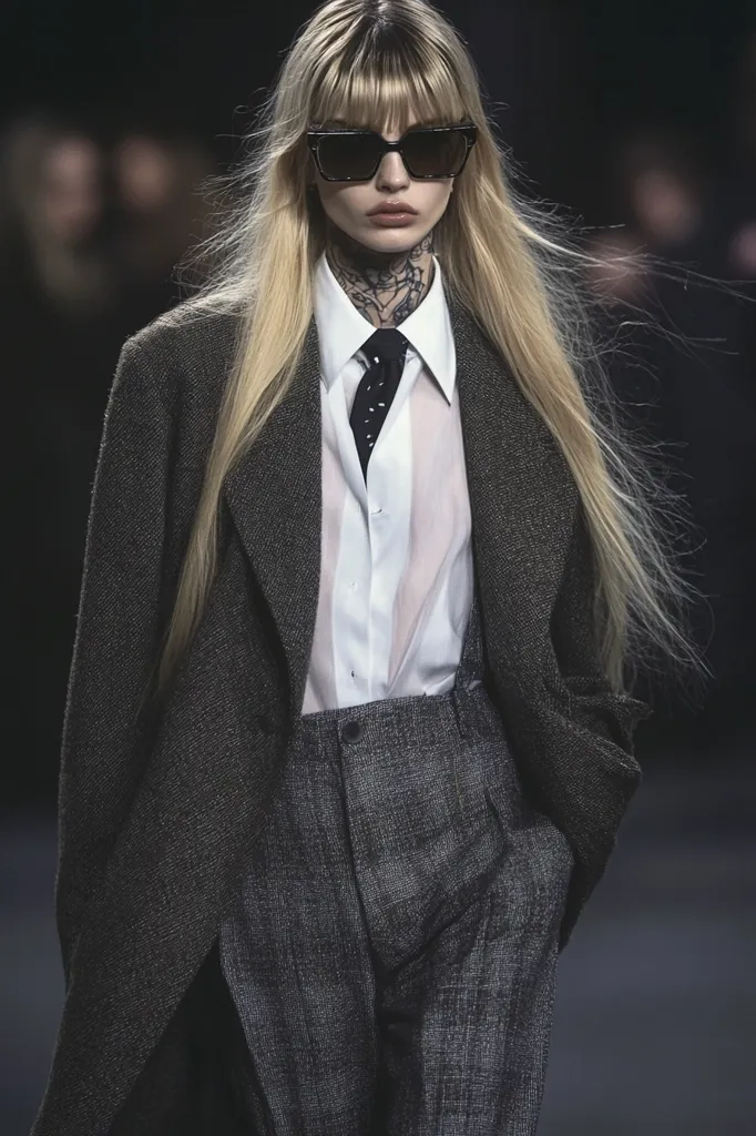 A model with long blonde hair and bangs wears a dark gray oversized blazer, a white collared shirt, a dark polka dot tie, and matching high-waisted trousers.  She also sports black square sunglasses.  The overall look is androgynous and stylish, presenting a modern take on classic menswear tailoring. The image has a moody, fashion-forward aesthetic.