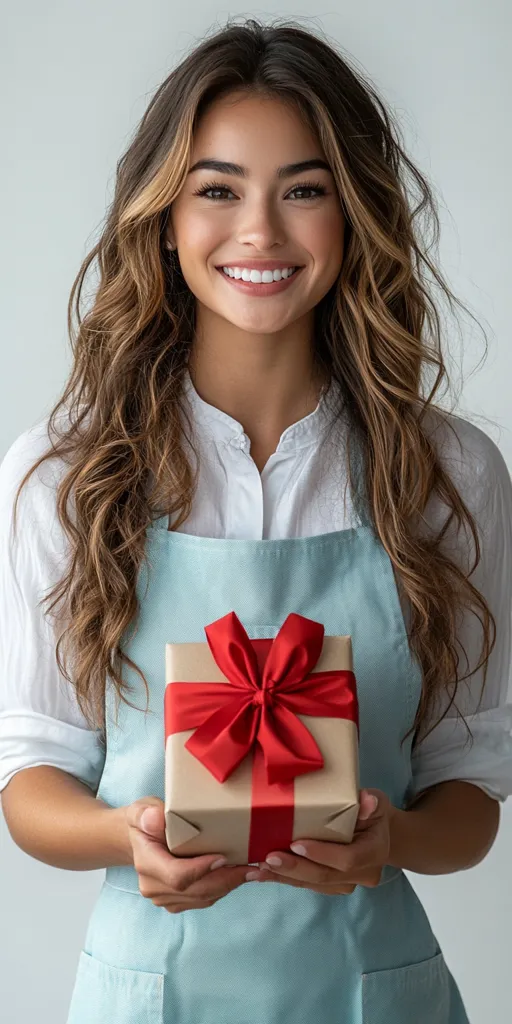 A young woman with long, wavy brown hair smiles warmly while holding a gift.  She's wearing a white shirt and a light blue apron. The present is wrapped in kraft paper and tied with a large red ribbon. Her expression is friendly and inviting, suggesting a celebratory or gifting occasion.