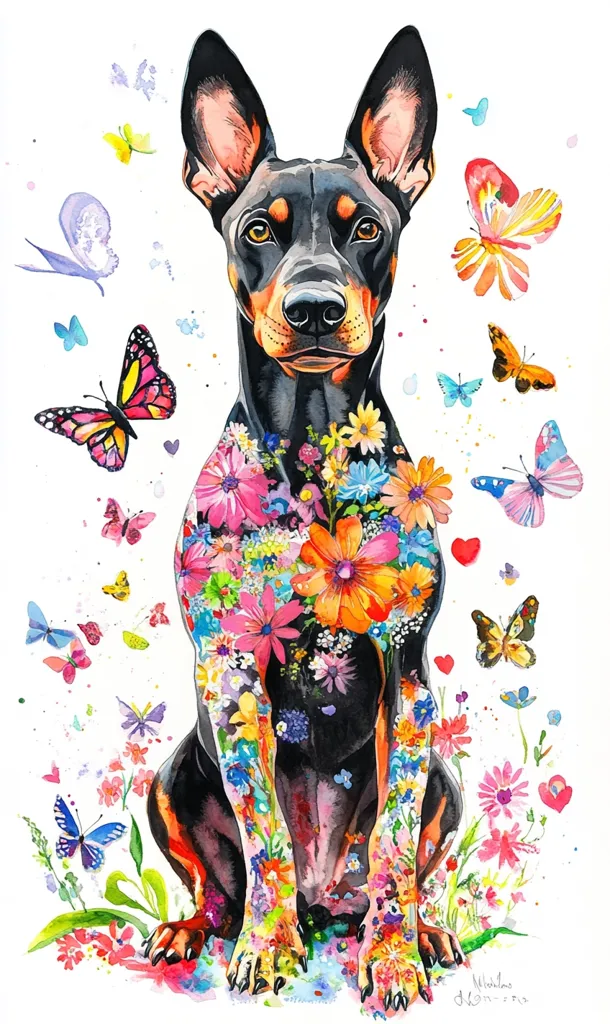 A watercolor painting depicts a Doberman Pinscher adorned with vibrant flowers and surrounded by colorful butterflies. The dog sits calmly, its dark coat contrasting with the bright blooms covering its body.  Butterflies of various sizes and colors flutter around the dog, creating a lively, whimsical scene. The artwork is detailed and expressive, capturing the beauty of both the animal and the natural world.
