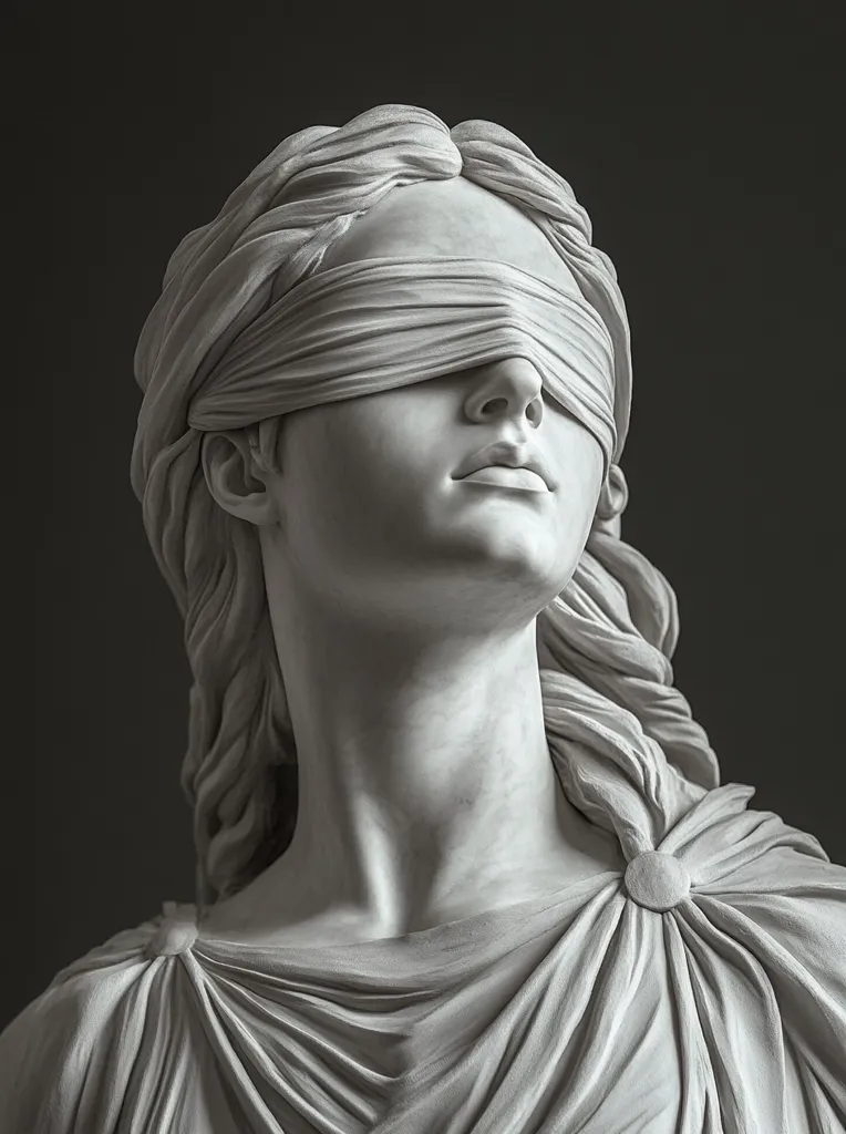 A close-up shot of a sculpted bust of Lady Justice.  The figure is rendered in white marble, her eyes covered by a blindfold, symbolizing impartiality.  Her hair is styled in flowing waves, and she wears a draped toga. The statue is set against a dark, neutral background, enhancing the contrast and highlighting the details of the sculpture's texture and form.  The overall effect is one of serene dignity and symbolic representation.