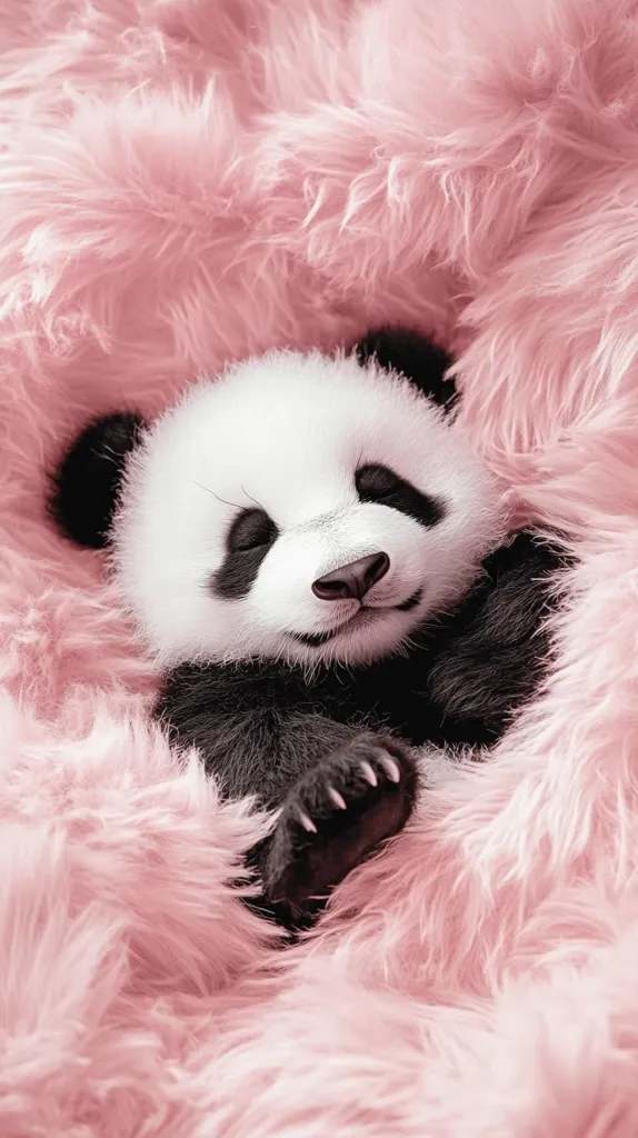 An adorable baby panda is nestled in a fluffy, pink blanket. Its eyes are closed, and it appears to be sleeping peacefully.  The soft pink fur contrasts beautifully with the panda's black and white fur. The overall image is incredibly cute and evokes feelings of warmth and comfort.
