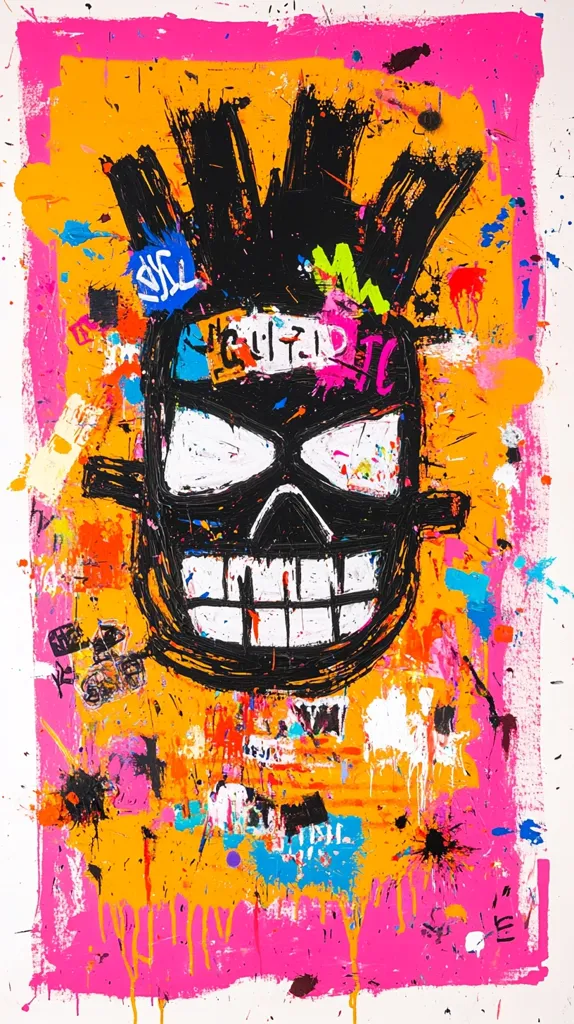 A vibrant, abstract artwork featuring a stylized skull at its center. The skull is rendered in black with white highlights, set against a bright orange background framed in pink.  The background is filled with energetic splashes of color, including pink, orange, blue, and white, creating a chaotic yet balanced composition. Graffiti-style lettering and markings are incorporated into the design, adding to its raw and expressive quality.  The overall effect is bold and highly energetic.