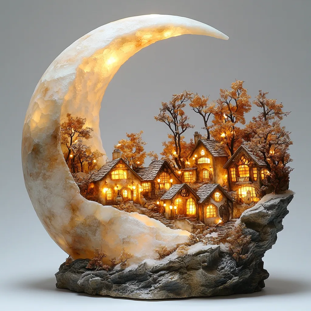 A crescent moon-shaped lamp cradles a miniature village nestled on a snow-dusted cliff.  Small houses with glowing windows line a winding pathway, surrounded by intricately detailed autumnal trees.  The warm light emanating from the houses and the moon creates a magical, enchanting scene. The base is sculpted to resemble a rocky outcropping, adding to the overall whimsical charm.