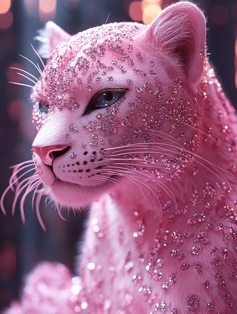 A close-up of a digitally rendered pink snow leopard, its fur adorned with sparkling pink glitter.  The feline's eyes are a striking blue, contrasting beautifully with its pink coat. The image is softly lit, creating a dreamy, ethereal atmosphere. The glitter adds a glamorous and whimsical touch to the otherwise realistic depiction of the animal.
