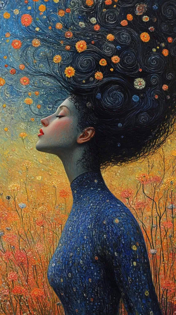 A woman with flowing, dark hair adorned with small, colorful flowers stands in profile against a field of orange blossoms. Her hair swirls and blends with a night sky, creating a dreamy, ethereal atmosphere.  She wears a textured, dark blue turtleneck sweater, echoing the starry pattern in her hair. The overall style is painterly and evocative, blending realism with fantasy.