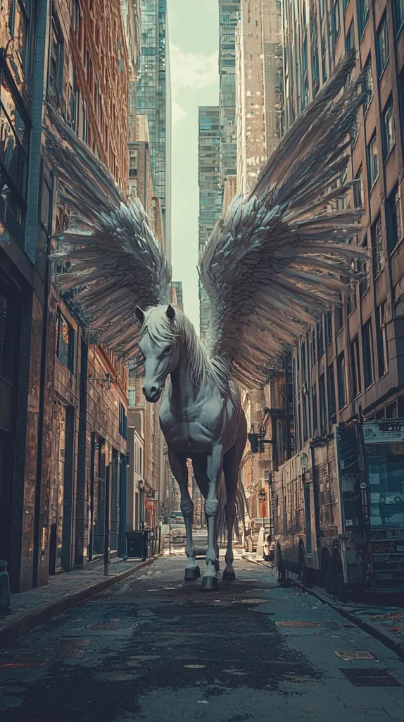 A majestic white pegasus, its large wings outstretched, stands in the middle of a narrow city street.  Tall buildings line both sides, creating a dramatic, almost surreal, urban landscape. The pegasus's presence contrasts sharply with the modern city setting, suggesting a fantastical element within the mundane.  The scene is rendered in a photorealistic style, blending elements of fantasy and reality.