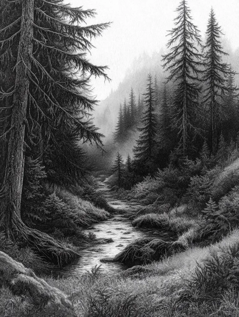 A monochromatic drawing depicts a serene forest stream.  Tall evergreens line the banks, their dark needles contrasting against the lighter grasses and undergrowth.  The stream meanders through the scene, its surface subtly textured, reflecting the muted light of a misty day. The overall atmosphere is peaceful and contemplative, showcasing the artist's detailed rendering of the natural landscape.