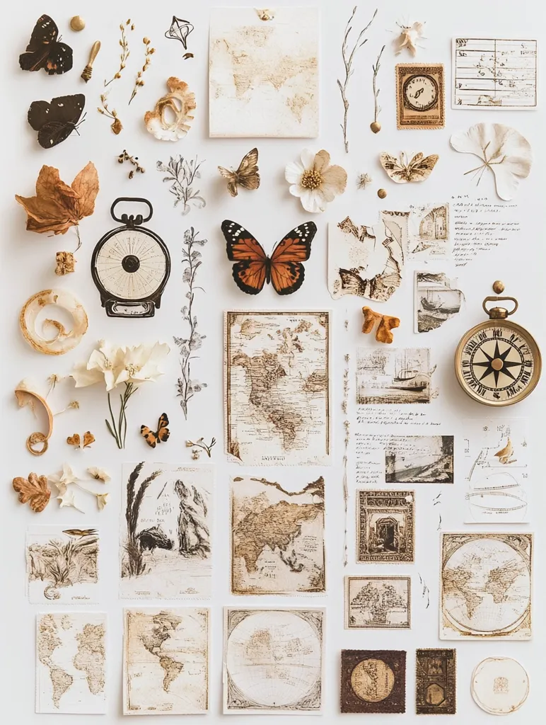 A curated collection of vintage-inspired ephemera is artfully arranged on a white background.  Antique maps, compass, butterflies, dried flowers, and postage stamps create a whimsical, travel-themed aesthetic.  The sepia tones and delicate details evoke a sense of nostalgia and adventure.  The overall composition is symmetrical and visually appealing, suggesting a scrapbook or artistic display.