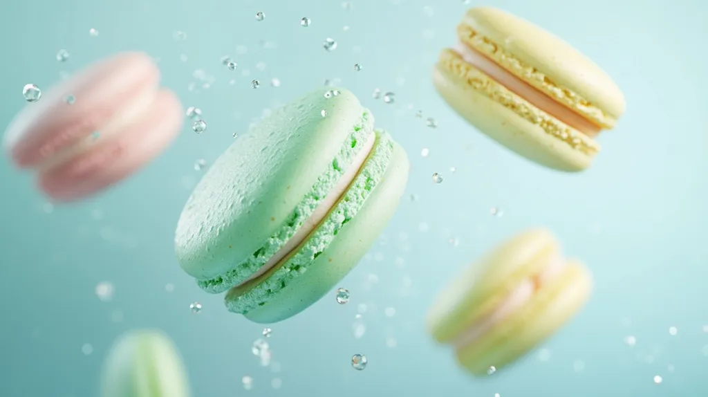 Pastel-colored macarons float in a light blue liquid, suspended mid-air with small bubbles surrounding them.  The macarons are various shades of green, pink, and yellow, showcasing a delicate, airy texture.  The overall image is visually appealing, suggesting a sense of lightness and sweetness.