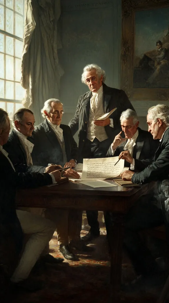 A painting depicts five men in 18th-century attire gathered around a table, engrossed in a document.  Thomas Jefferson, centrally positioned, stands, while others sit, some examining the paper.  The scene is set in a dimly lit room with a large window and a classical painting on the wall, suggesting a significant historical moment, possibly the drafting of important legislation or a treaty. The atmosphere is serious and contemplative.