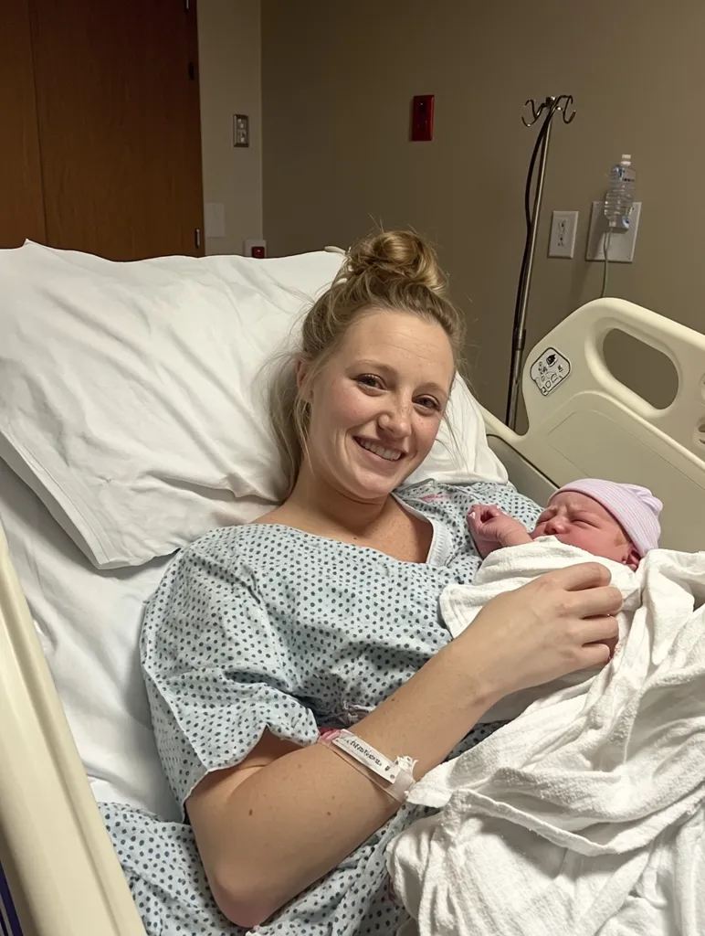 A smiling mother lies in a hospital bed, gently cradling her newborn baby wrapped in a white blanket.  The mother wears a hospital gown and has her hair in a bun.  The baby is wearing a pink hat. The scene is warm and conveys the joy of new motherhood. The hospital room is simple and clean.
