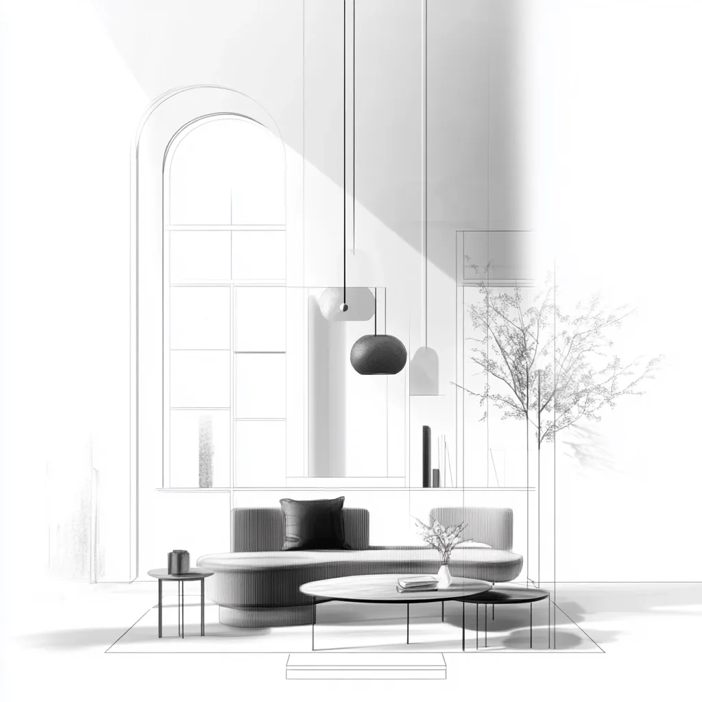 A monochrome architectural sketch depicts a modern living room.  A curved sofa with a dark cushion is the centerpiece, flanked by two low side tables. A coffee table sits in front, holding books and a vase. Three pendant lights hang from the ceiling, illuminating the space.  A large arched window and a slender plant add to the clean, minimalist aesthetic.  The sketch style overlays a fully rendered room, creating a design visualization.