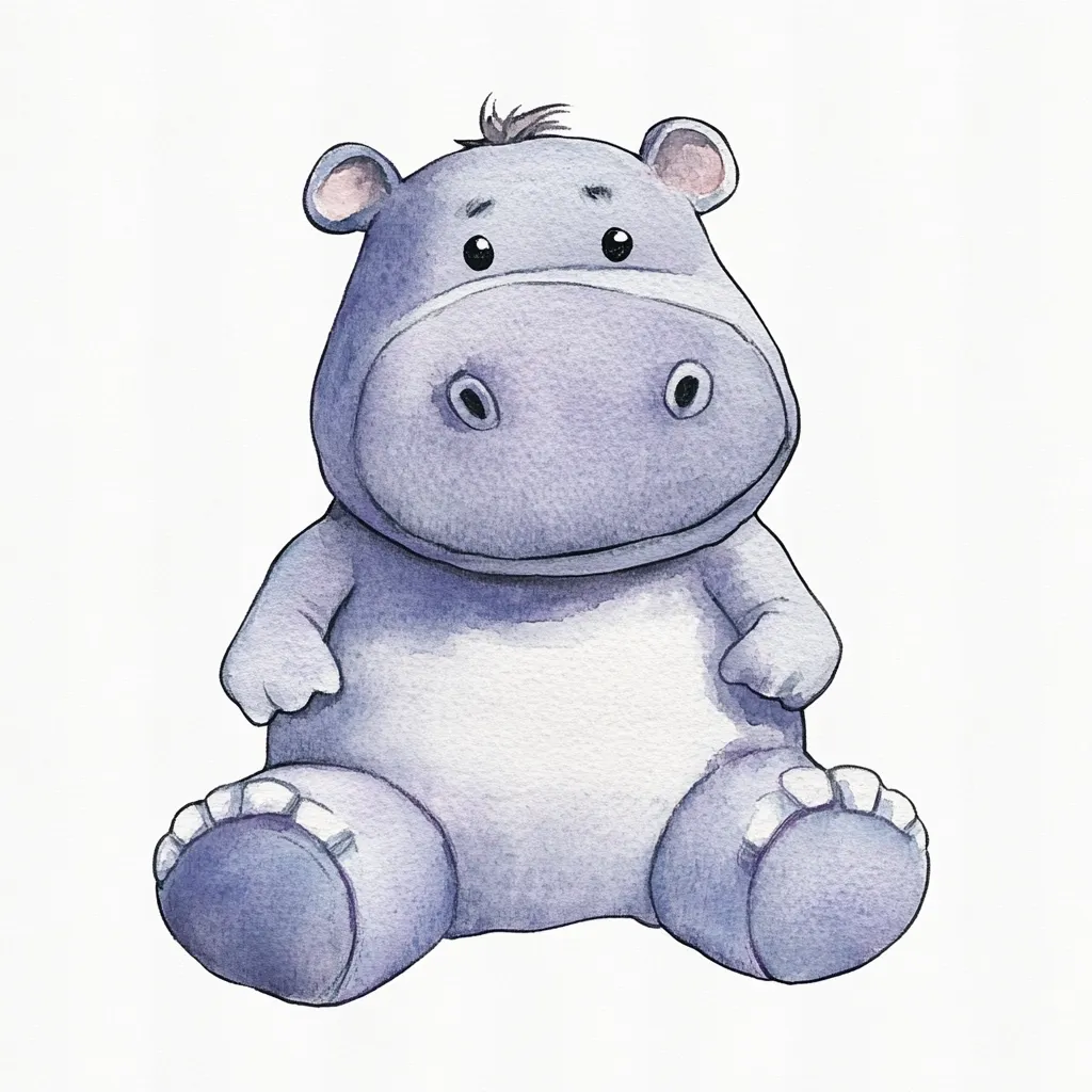 A charming watercolor illustration depicts a baby hippopotamus sitting.  The hippo is rendered in soft, muted purples and blues, with a gentle expression.  Its rounded form and large feet give it a cuddly appearance. The artwork is simple yet expressive, suitable for children's books or prints.  The white background enhances the hippo's soft coloring.