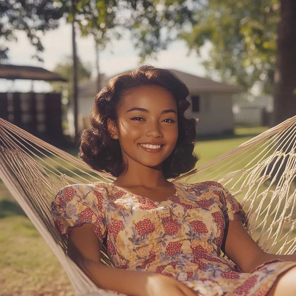 A young Black woman with dark, curly hair smiles serenely as she relaxes in a hammock.  She wears a floral summer dress, the sunlight illuminating her face and the surrounding lush green lawn.  The scene evokes a sense of peace and tranquility in a seemingly idyllic suburban setting.