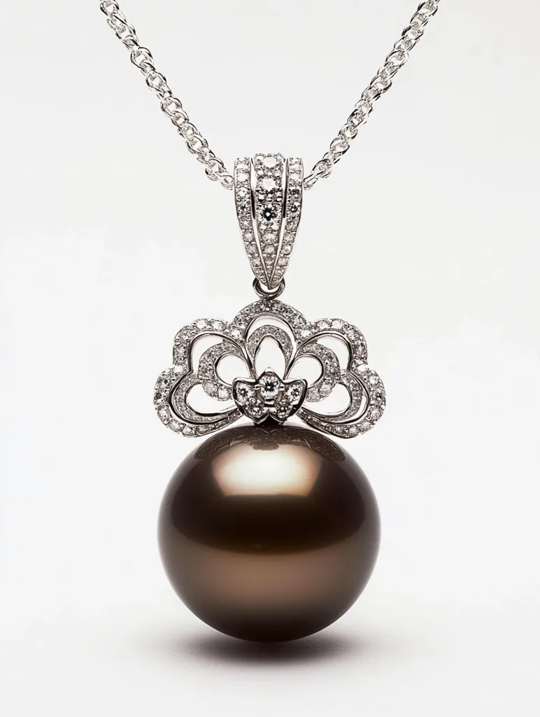 An elegant pendant necklace features a large, lustrous dark brown pearl as its centerpiece.  The pearl is suspended from a delicate, diamond-encrusted white gold setting shaped like a stylized flower or bow.  A matching white gold chain completes the sophisticated design. The overall effect is one of understated luxury and timeless beauty.