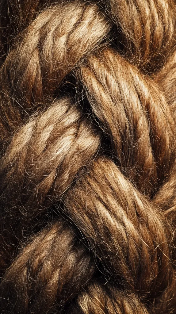 A close-up shot reveals a thick braid of light brown hair. The texture is coarse and slightly unkempt, with individual strands visible. The braid's intricate pattern is emphasized by the interplay of light and shadow, highlighting its depth and complexity. The overall image evokes a sense of rustic beauty and natural texture.