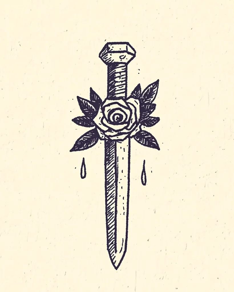 A hand-drawn illustration features a dagger adorned with a rose.  The dagger has a textured, almost metallic appearance, while the rose is intricately detailed.  Two stylized teardrops flank the rose, adding a touch of melancholy to the design. The overall style evokes a vintage or tattoo-inspired aesthetic, rendered in dark ink against a light beige background.