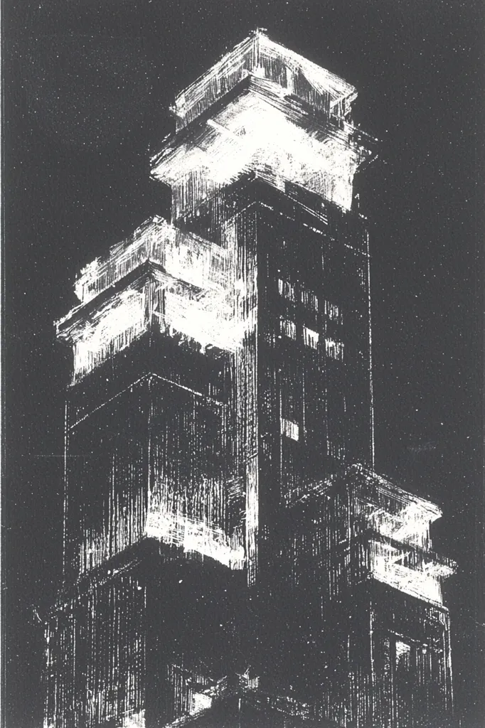 A stark black and white image depicts a multi-level tower at night.  The tower's architecture is rendered with a textured, almost scratchy style, suggesting a printmaking technique like etching or linocut.  The white highlights emphasize the building's form against the dark background, creating a dramatic, almost abstract effect. The image focuses on the building's verticality and layered design.