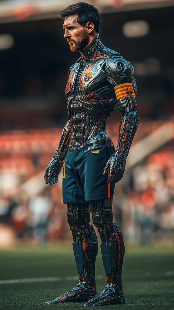 A digital rendering depicts Lionel Messi as a cyborg.  He's clad in a metallic exoskeleton, seamlessly blending his human form with robotic enhancements.  The exoskeleton is dark metallic with orange accents, and he wears his signature FC Barcelona shorts. The image is set on a soccer field, suggesting a futuristic vision of the athlete.  The background is blurred, focusing attention on the detailed robotic figure.