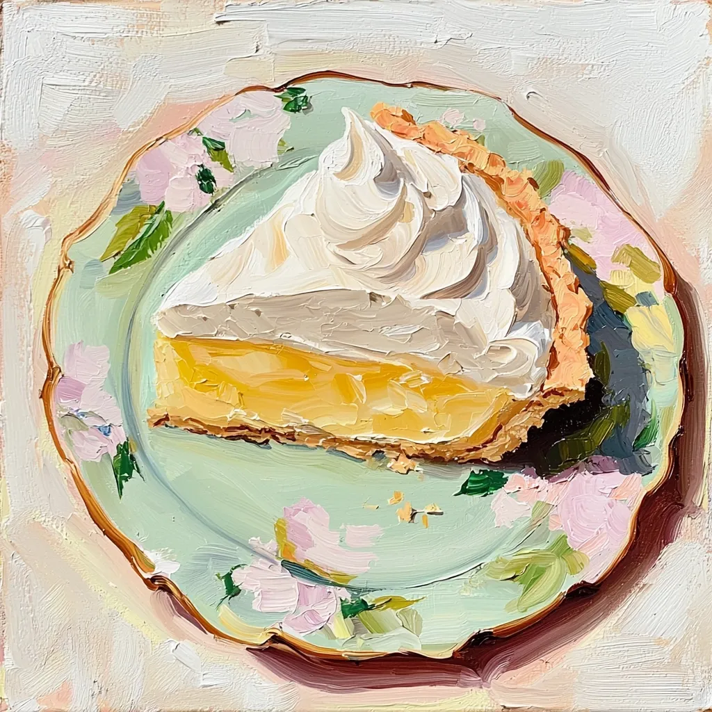 A slice of lemon meringue pie sits on a delicate, floral-patterned plate.  The painting style is loose and impressionistic, emphasizing texture and light.  The meringue is fluffy and white, contrasting with the vibrant yellow lemon filling and the golden-brown crust.  The plate's pastel green and pink floral design adds a touch of elegance to the scene. The overall impression is one of sunny sweetness and simple delight.