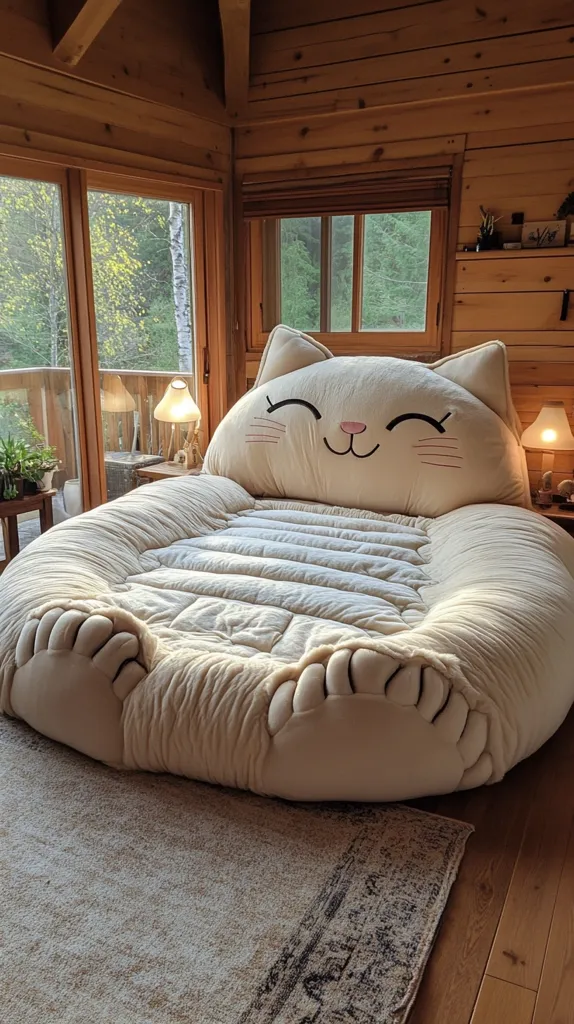 A giant, plush cat-shaped chair sits in a cozy, wood-paneled room.  The cream-colored chair features a smiling cat face and paws, providing a whimsical and comfortable seating option.  Large windows offer a view of lush greenery, complemented by soft lighting and a neutral-toned rug on the wooden floor. The overall ambiance is serene and inviting.