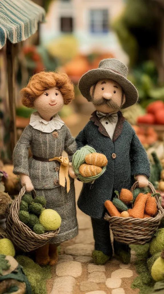 A charming pair of felt dolls, a woman with auburn curls and a man in a grey hat, stand at a market.  The woman carries a basket of green produce, while the man holds a basket of carrots and a ball of yarn with bread rolls.  They are meticulously crafted with detailed clothing and facial features, evoking a quaint, vintage atmosphere.  The background is blurred, suggesting a bustling market setting.