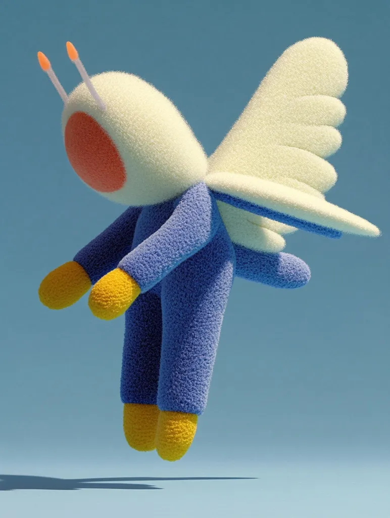 A whimsical, fuzzy creature floats against a pale blue background.  It has a round, off-white head with an orange cheek, small antennae, and large, pale yellow wings.  Its body is a fluffy blue jumpsuit with yellow feet and hands. The overall style is playful and reminiscent of children's toys or illustrations.  The creature appears light and airy, suggesting a sense of whimsy and fantasy.