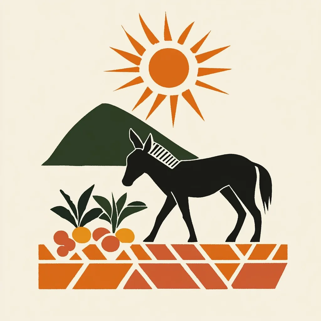 A stylized illustration depicts a donkey standing on a patterned terracotta wall, beneath a simplified sun and green hill.  Orange fruit-like shapes are scattered near the donkey and lush green plants. The overall aesthetic is minimalist and features bold, flat colors in a warm palette, suggestive of a sunny, rural landscape.