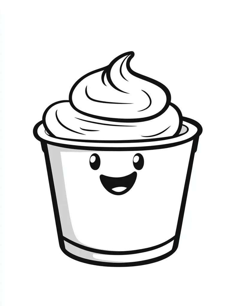 A cartoon illustration of a cup of yogurt.  The yogurt has a large, fluffy swirl on top. The cup has a simple, happy face drawn on it.  The style is simple line art, suitable for coloring or a children's book. The image is clean and cheerful.