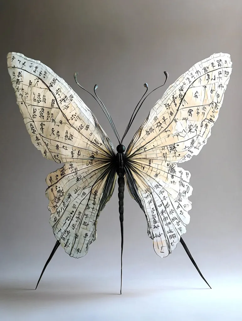 A meticulously crafted butterfly sculpture is presented, its wings composed of delicate, aged pages filled with Chinese calligraphy.  The wings are intricately detailed, showing the text seamlessly integrated into the wing structure. The dark, slender legs contrast with the light, parchment-like wings, creating a striking visual effect. The piece suggests a blend of art, literature, and nature.