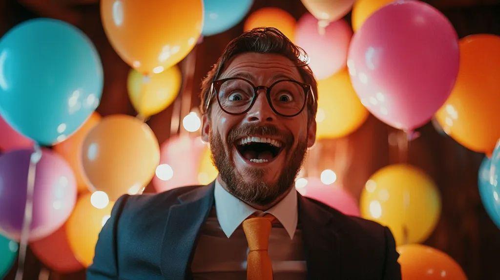 A man in a suit and glasses stands amidst a vibrant array of colorful balloons, his mouth wide open in a joyful expression.  The background is softly lit, creating a festive atmosphere.  He appears surprised and delighted, possibly celebrating a special occasion.  The image conveys happiness and excitement.