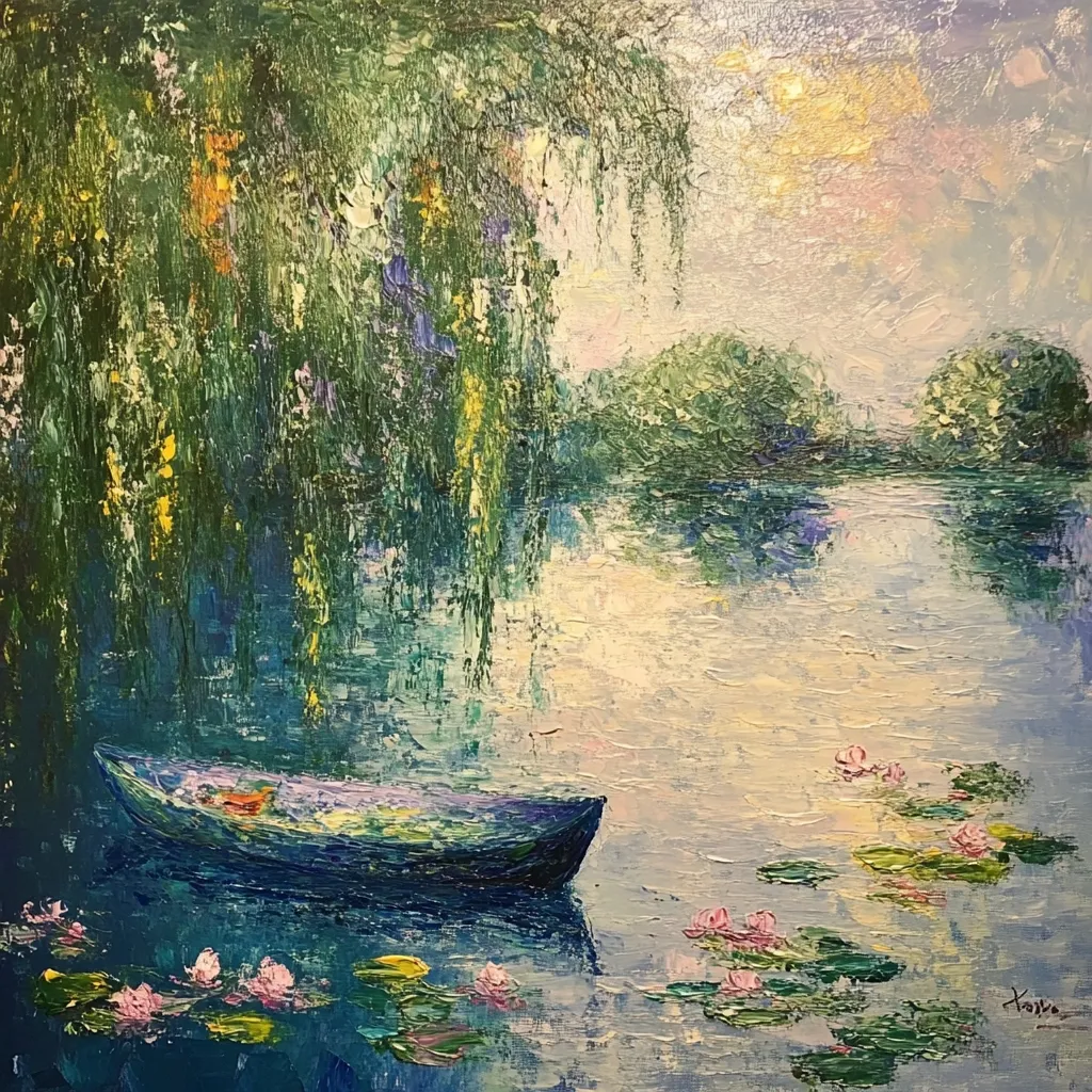 A serene landscape painting depicts a tranquil lake scene.  A small, dark blue rowboat rests peacefully on the water, surrounded by lily pads and pink water lilies.  Weeping willow branches drape over the water's edge, their green leaves contrasting with the calm, pale blue and lavender tones of the sky and water.  The overall impression is one of peace and quietude.