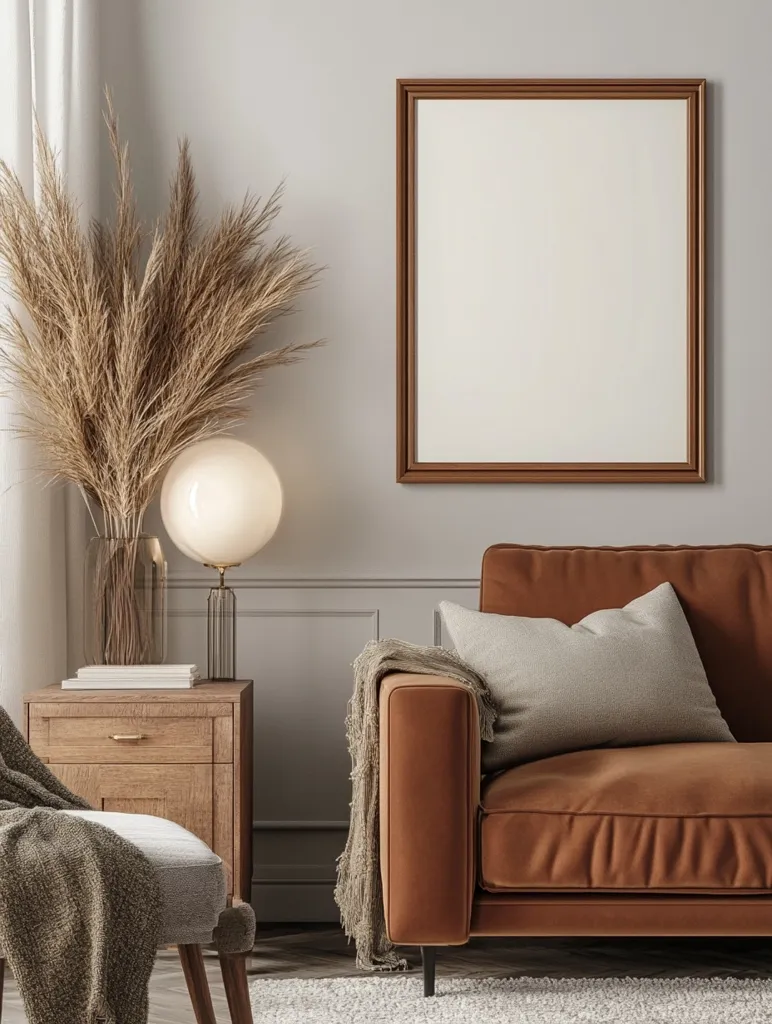 A modern living room features a burnt orange velvet sofa with a neutral throw and pillow.  A wooden side table holds a stack of books and a glass globe lamp.  Dried pampas grass in a vase adds texture.  A large, empty, light brown framed picture hangs on the wall. The overall aesthetic is minimalist and warm.