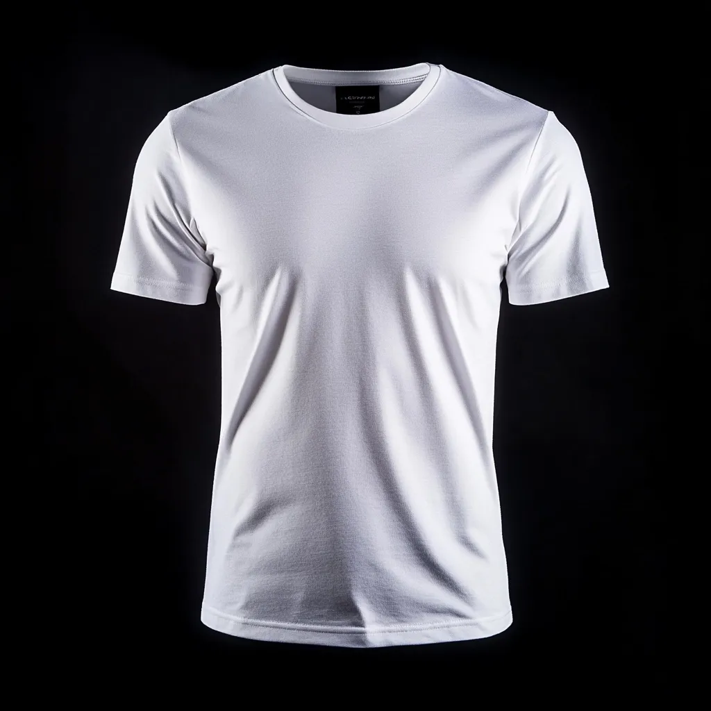 A plain white crew-neck t-shirt is displayed against a black background.  The shirt is shown from the front, highlighting its simple design and clean lines. The fabric appears soft and slightly textured.  The small, discreet brand label is visible near the neckline. The image is sharply focused, emphasizing the shirt's quality.