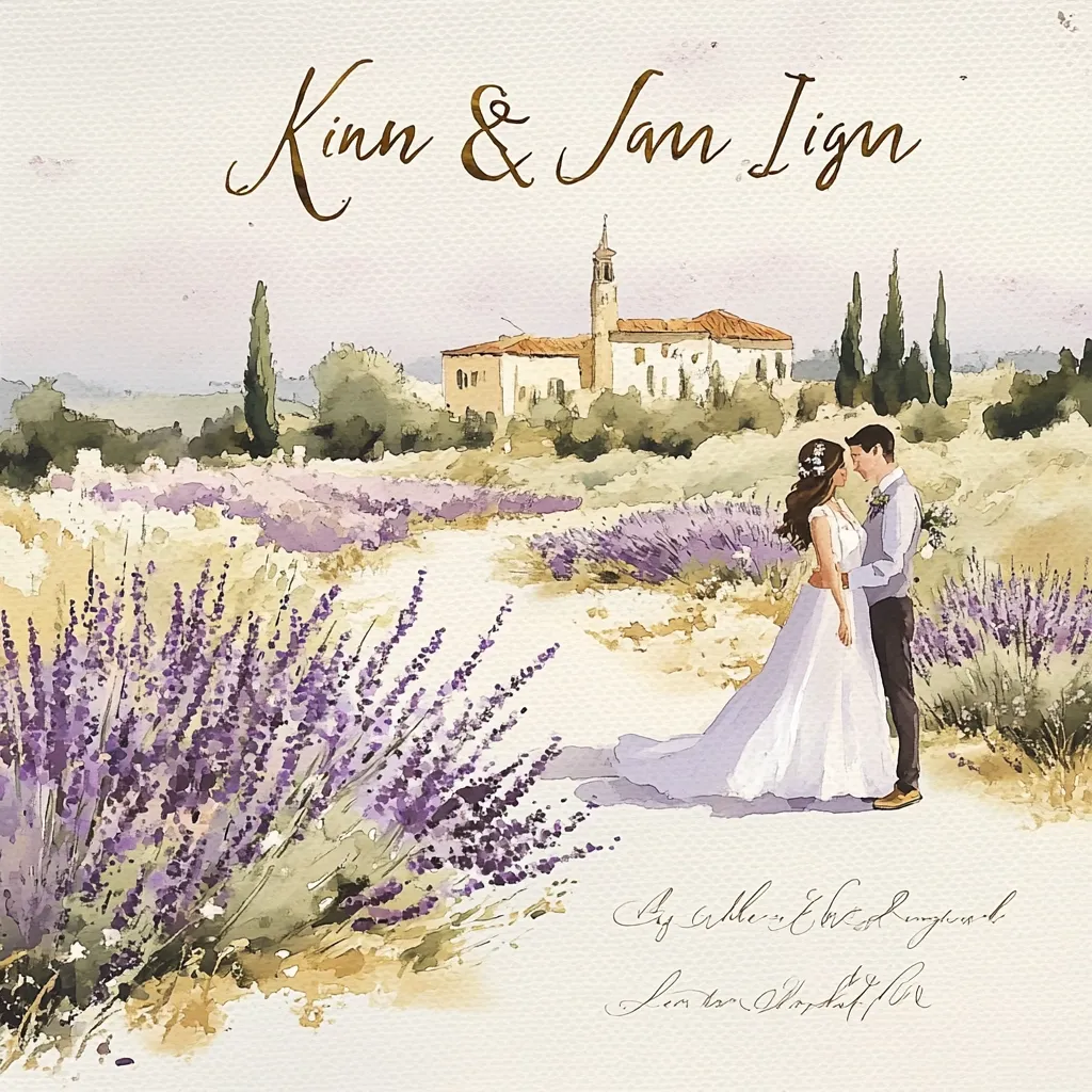 A watercolor painting depicts Kinn & Jan Lign's wedding.  The couple stands amidst a lavender field, embracing before a Tuscan-style villa.  Tall cypress trees frame the scene, creating a romantic and idyllic setting. The image is soft and delicate, emphasizing the couple's happiness and the beauty of their chosen location.  A subtle handwritten message is included at the bottom.