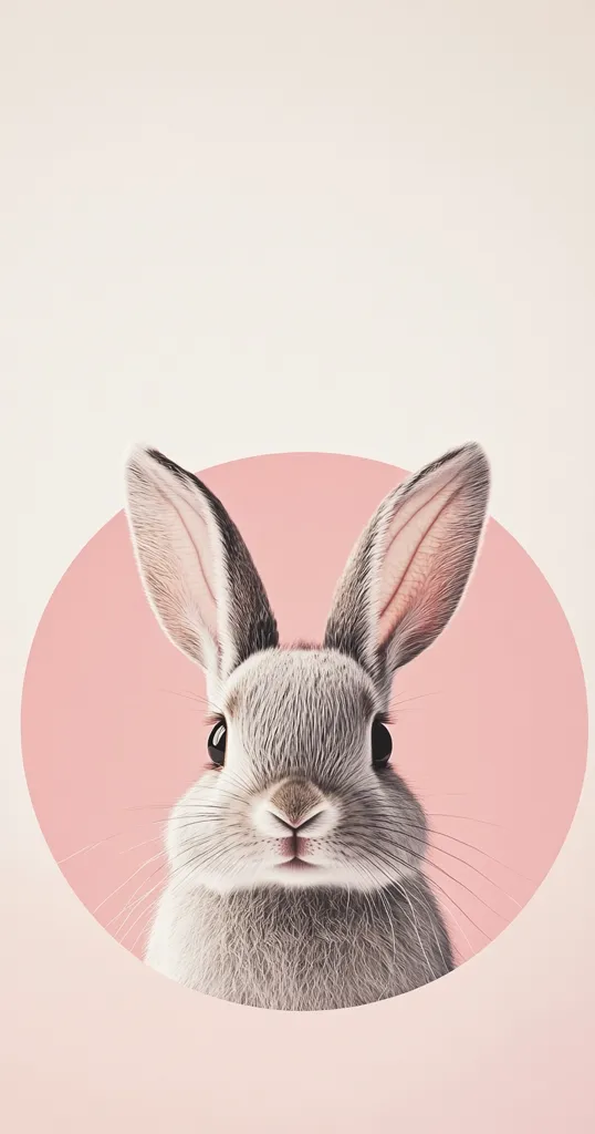 A cute gray rabbit is the focus of this image.  Its long ears are prominent, and its face is soft and fluffy.  The rabbit's gaze is directed straight ahead, creating a charming and endearing expression. The bunny is nestled within a soft pink circle against a pale background, enhancing the overall aesthetic appeal.