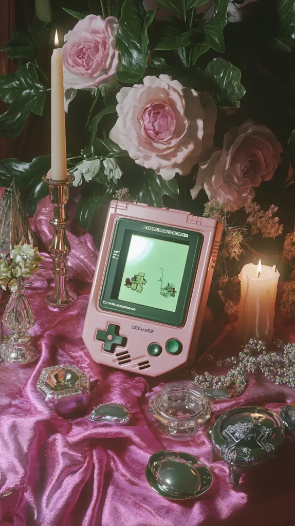 A pink Game Boy lies on a pink velvet cloth, surrounded by candles, roses, and ornate silver containers.  The scene is soft and romantic, with a vintage aesthetic.  A lit candle and a softly glowing Game Boy screen add warmth to the image. The overall mood is dreamy and nostalgic.