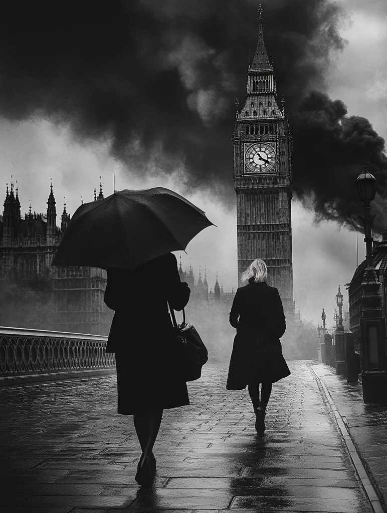 Two women walk away from the camera on a rain-slicked London street, under a dark, brooding sky.  A large umbrella shields one from the downpour.  Big Ben and the Houses of Parliament loom in the background, partially obscured by dark smoke billowing from an unseen source. The scene is stark and evocative, captured in monochrome.
