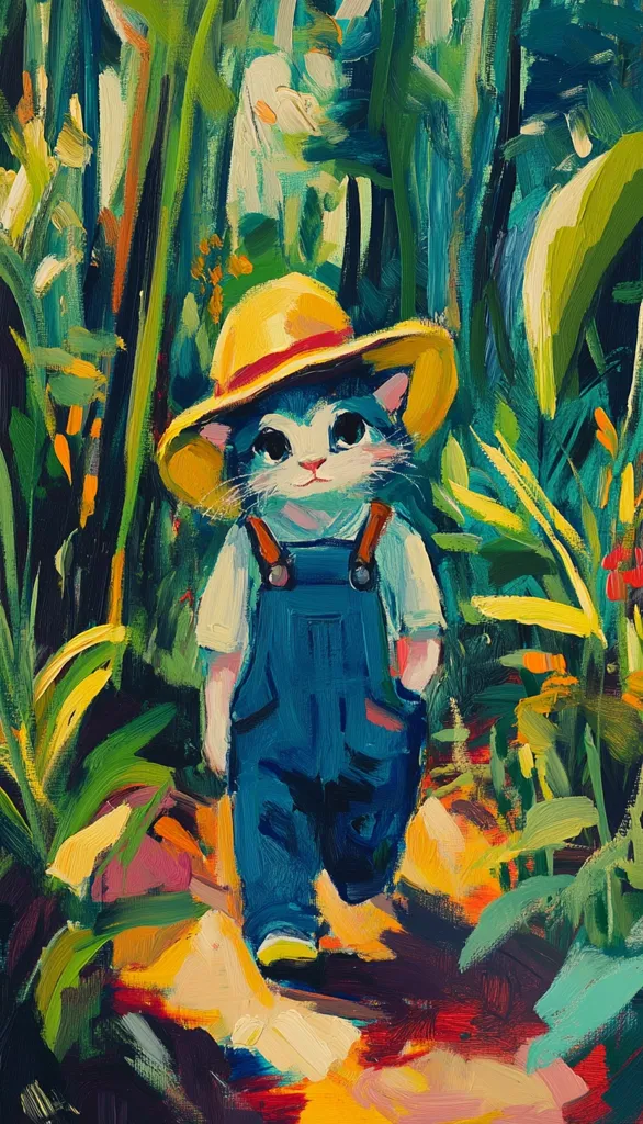 A vibrant oil painting depicts a cat wearing overalls and a yellow sun hat, strolling through a lush, tropical garden. The cat's expression is calm and serene.  The artist utilizes bold, expressive brushstrokes in a colorful, almost impressionistic style to capture the scene's vibrancy and the joyful atmosphere.  The background is rich with green foliage and hints of other flowers, suggesting a warm, sunny day.