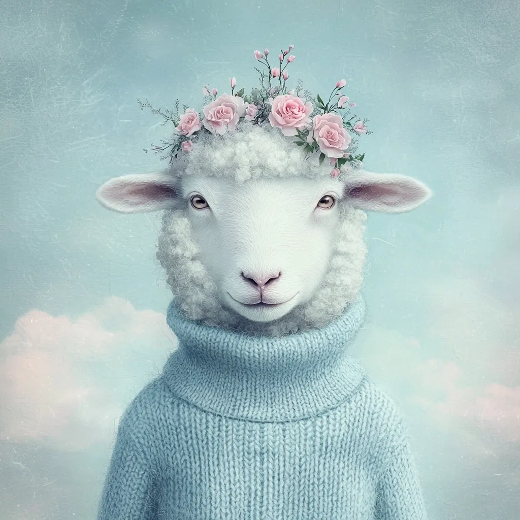 A charming illustration depicts a fluffy white sheep wearing a pale blue turtleneck sweater.  A delicate crown of pink roses and greenery adorns its head. The serene image is set against a soft blue, cloud-dusted background, creating a whimsical and gentle mood.  The sheep's expression is calm and peaceful, enhancing the overall sweetness of the artwork.