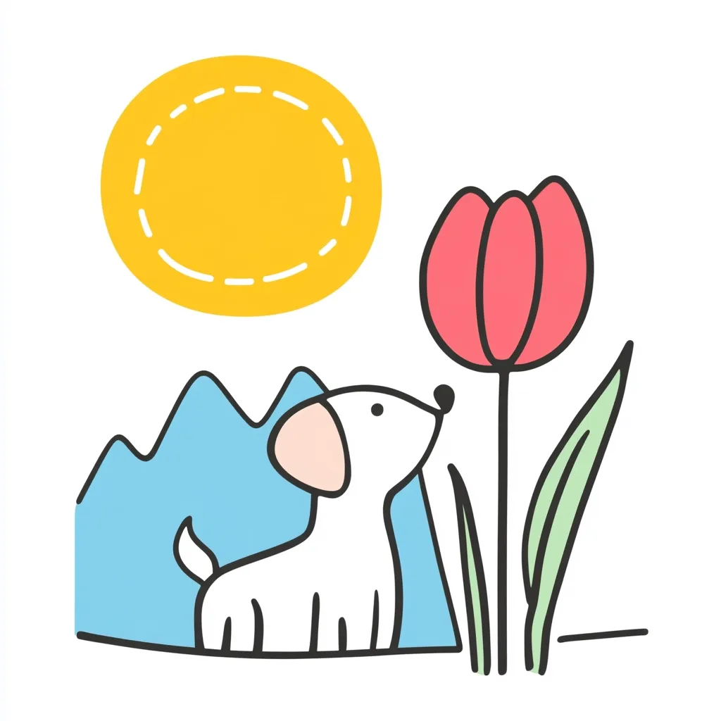 A cute cartoon puppy sits in a simple landscape, gazing up at a vibrant pink tulip.  A bright yellow sun shines overhead. The style is childlike and playful, using bold outlines and flat colors. The scene evokes feelings of springtime and innocence. The image is likely intended for children's books or similar media.