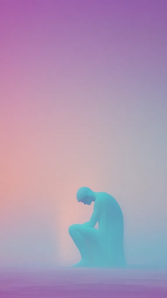 A serene, pastel-hued image depicts a solitary, pale blue figure in a crouching posture. The figure, seemingly sculpted, exudes a sense of contemplation or sorrow, head bowed.  The background transitions from a soft pink to a lilac, creating a dreamlike, ethereal atmosphere. The overall mood is peaceful and melancholic.