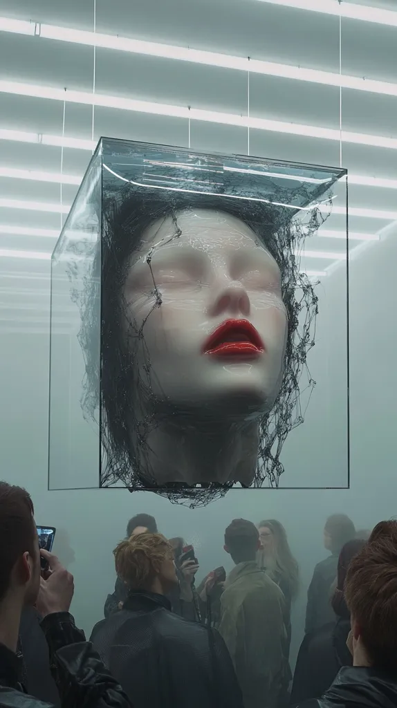 A contemporary art installation features a translucent, sculpted head encased in a glass cube.  The head, with closed eyes and red lips, appears suspended within a delicate, dark web-like structure.  Surrounding the cube, figures are partially obscured by a hazy atmosphere, creating a mysterious and ethereal scene within a modern gallery setting.  A person in the foreground is taking a photograph.