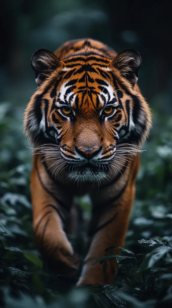 A majestic tiger strides directly toward the camera, its intense gaze captivating.  The orange and black stripes are sharply defined against a dark, lush backdrop of foliage. The tiger's powerful build and focused expression convey both strength and grace, creating a striking image of wild beauty. The low light enhances the tiger's features and the overall mood of the photograph.