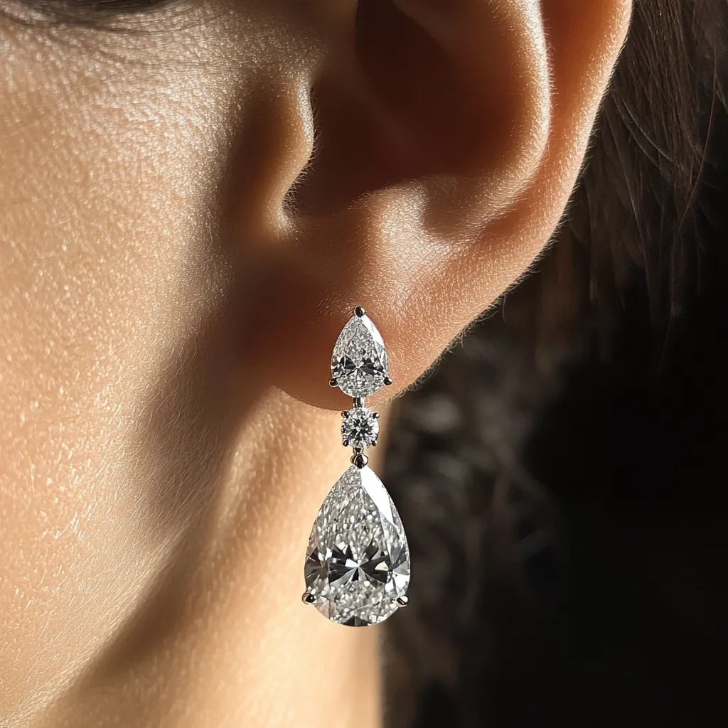 A close-up showcases a woman's ear adorned with elegant diamond earrings.  The earrings feature a three-stone design: a smaller pear-shaped diamond at the top, a round brilliant-cut diamond in the middle, and a larger pear-shaped diamond at the bottom, all hanging from delicate settings.  The diamonds sparkle brilliantly, catching the light against the soft skin tone. The overall effect is one of understated luxury and sophistication.